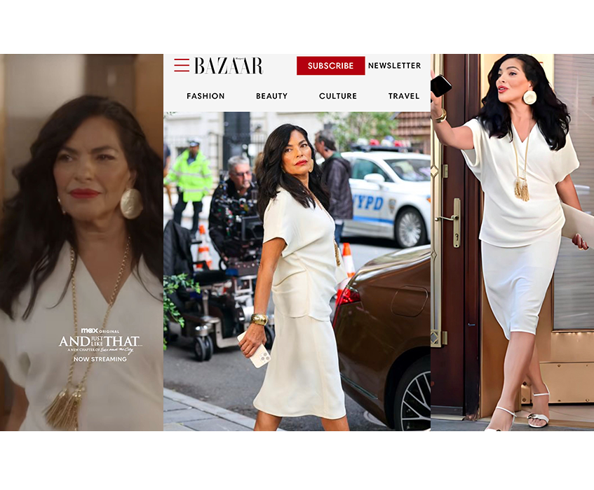 Bazaar article featuring actress Sarita Choudhury wearing Christina Caruso Jewelry Design in And Just Like That: A New Chapter of Sex and the City