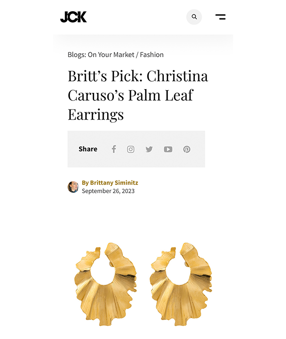 JCK article featuring Christina Caruso Palm Leaf Earrings