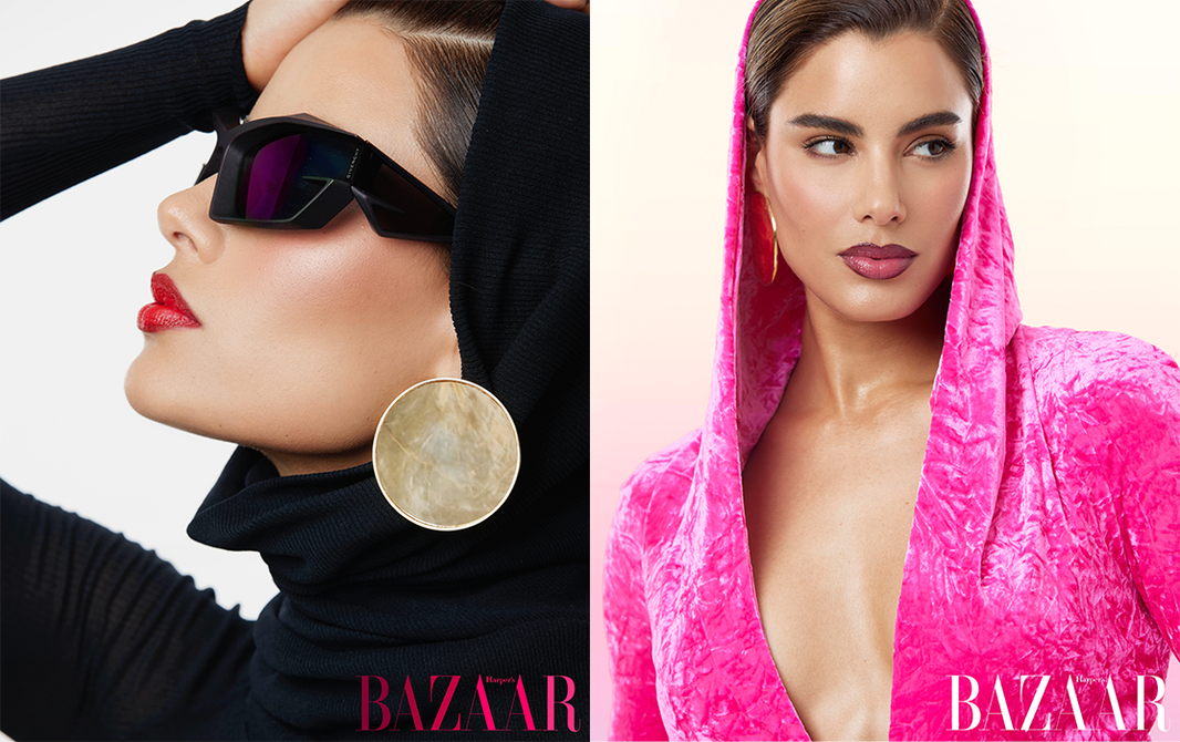 Bazar magazine featuring two models wearing Christina Caruso Bezel Set Shell Earring