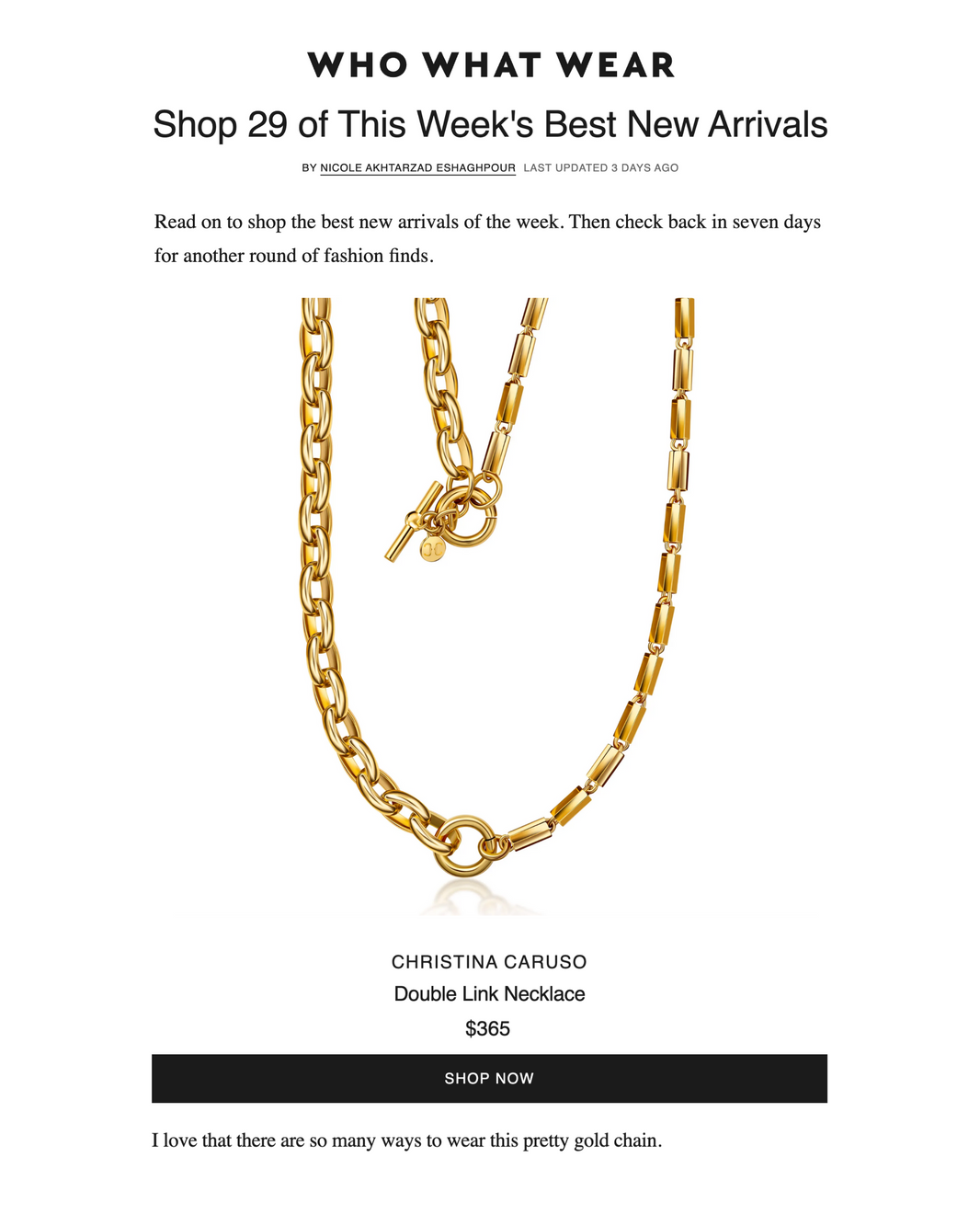 WhoWhatWear article featuring a Christina Caruso gold necklace