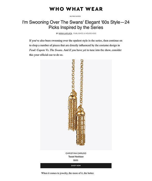 WhoWhatWear article featuring Christina Caruso Tassel Necklace