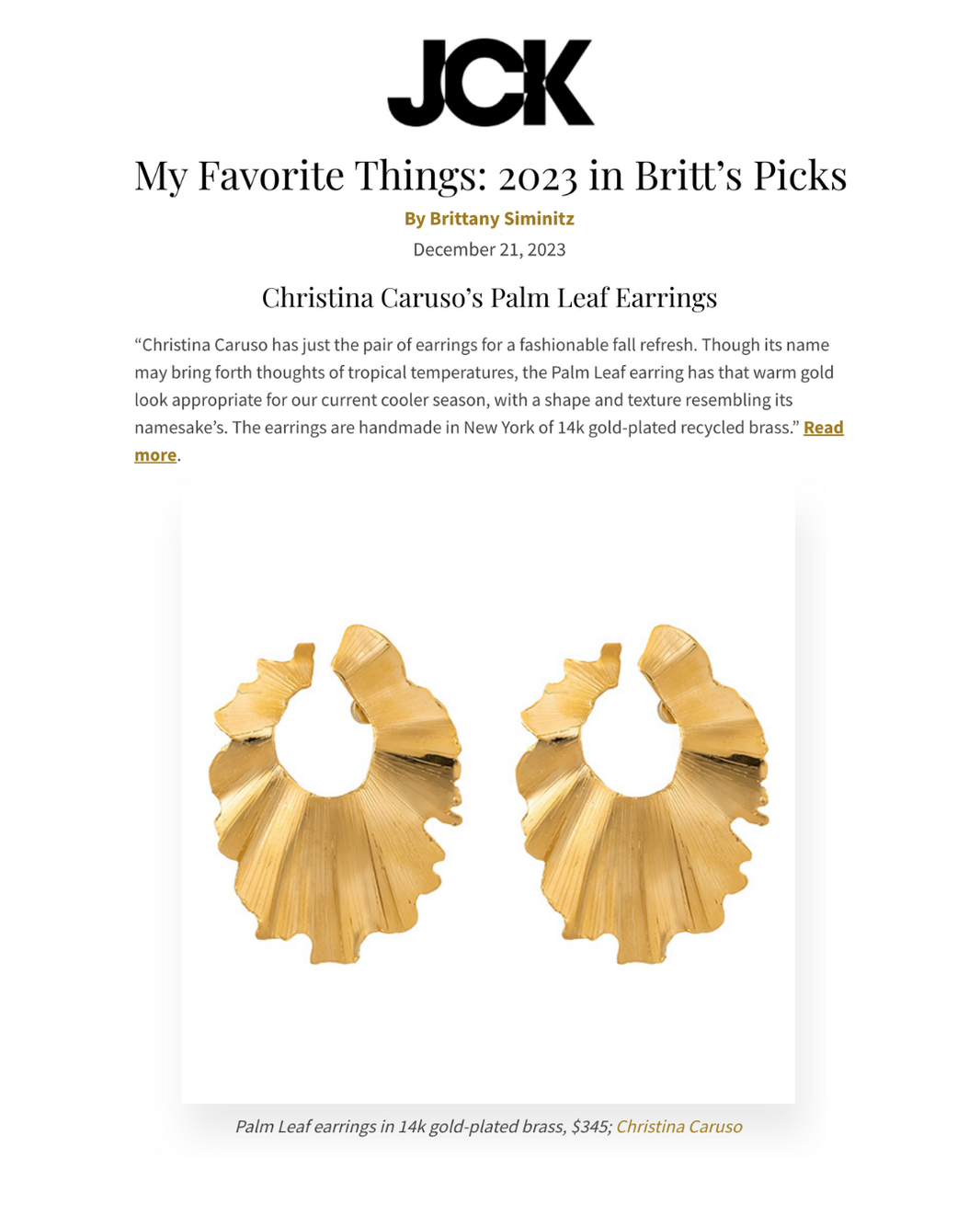 JCK article featuring Christina Caruso Palm Leaf Earring