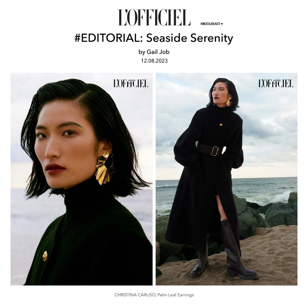 L'Officiel Arabia featuring a model wearing Christina Caruso Palm Leaf Earrings