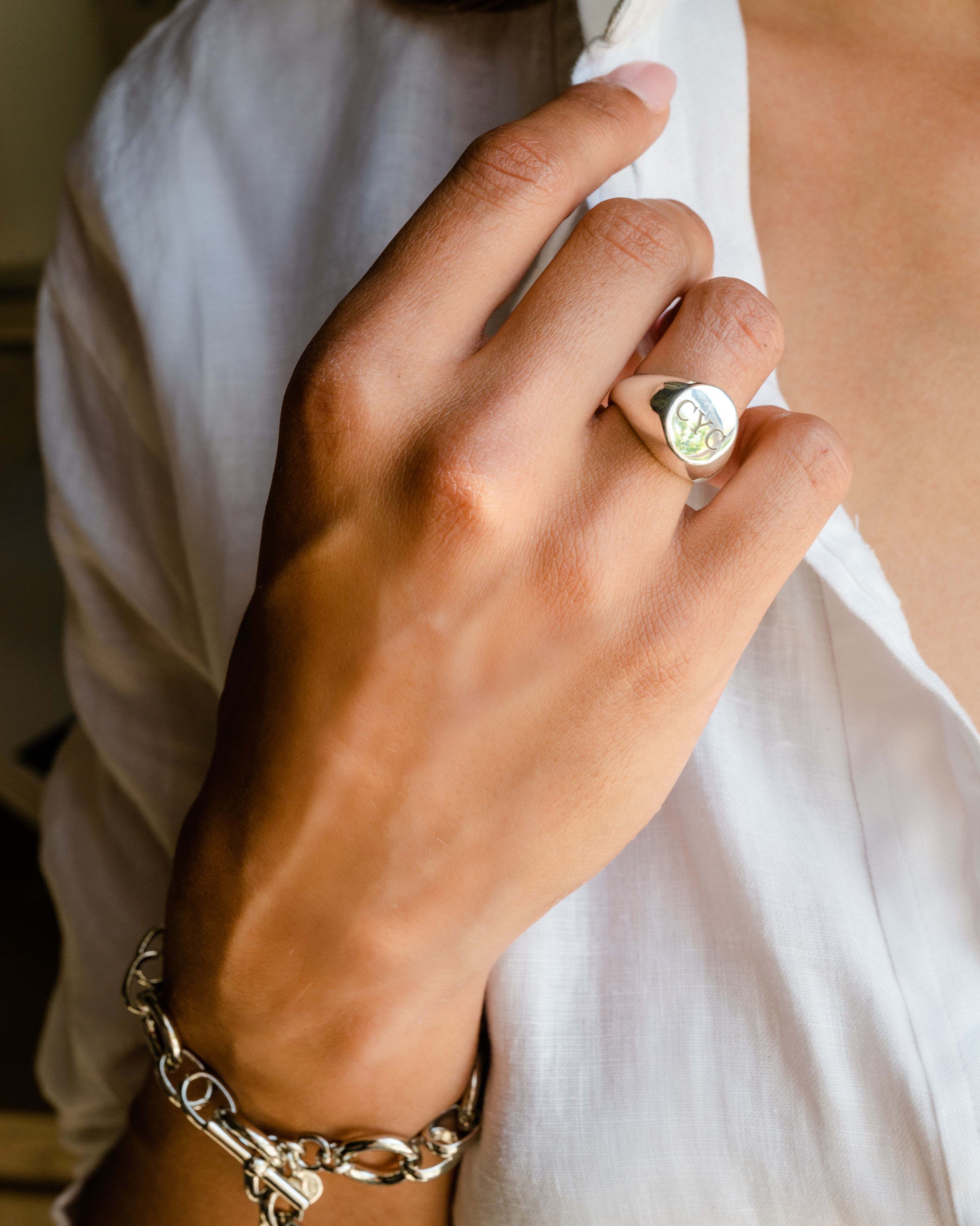 Model wearing Custom Signet Ring Sterling Silver