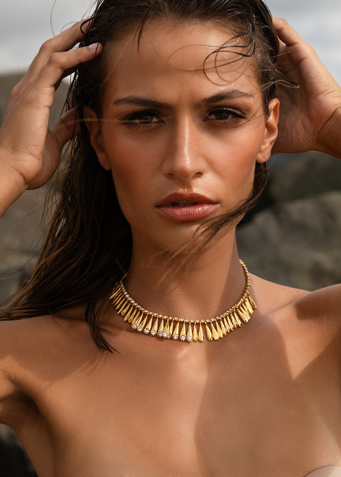 Model wearing Fringe Teardrop Necklace