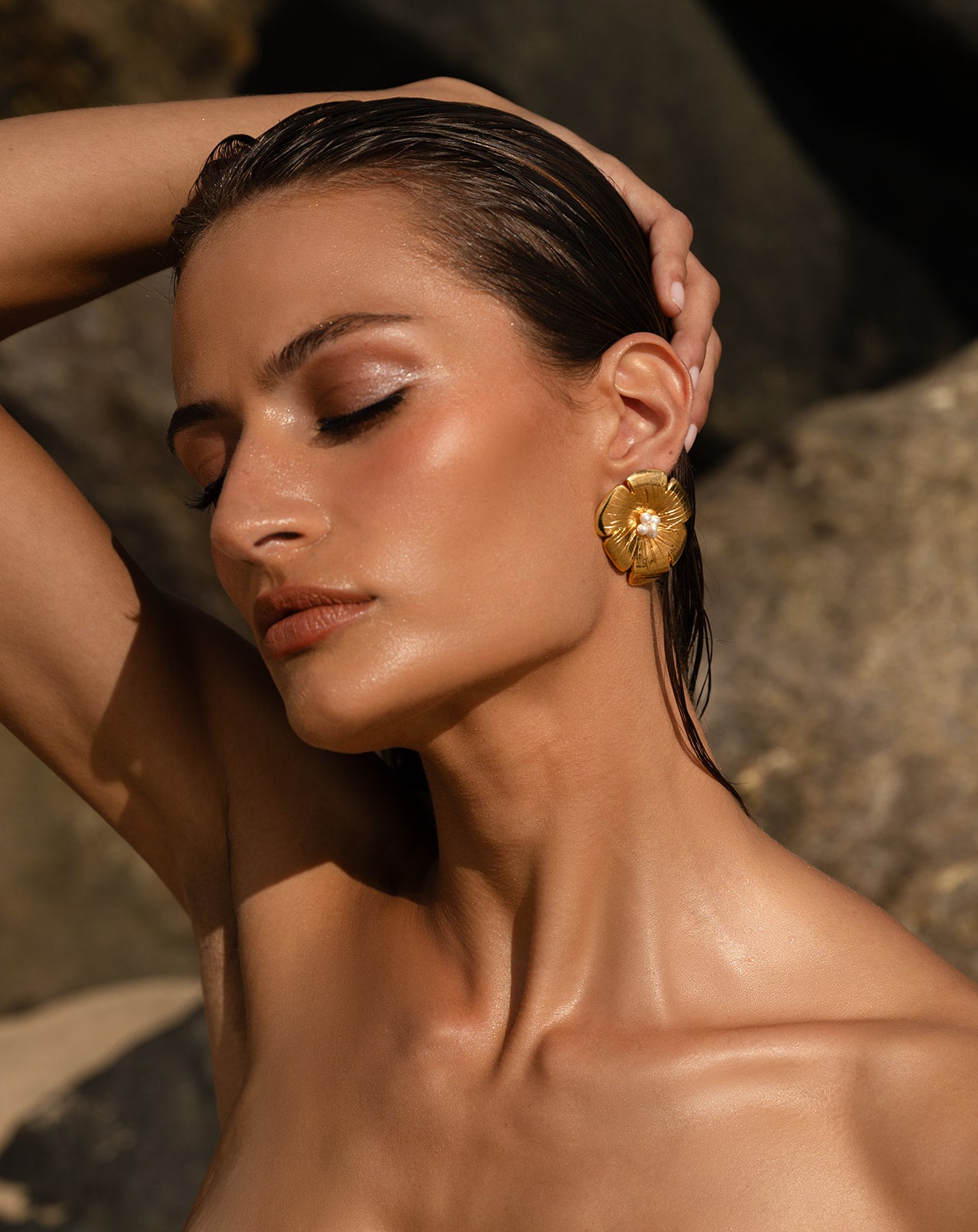 Brunette woman wearing Small Poppy Flower Earring 