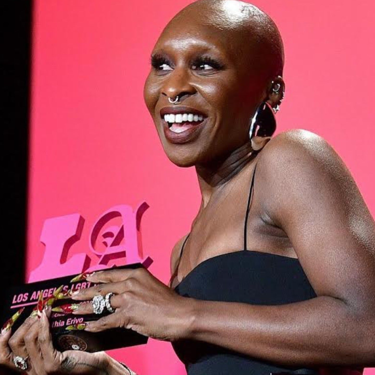 Cynthia Erivo accepting an award wearing Oval Earrings in Rhodium