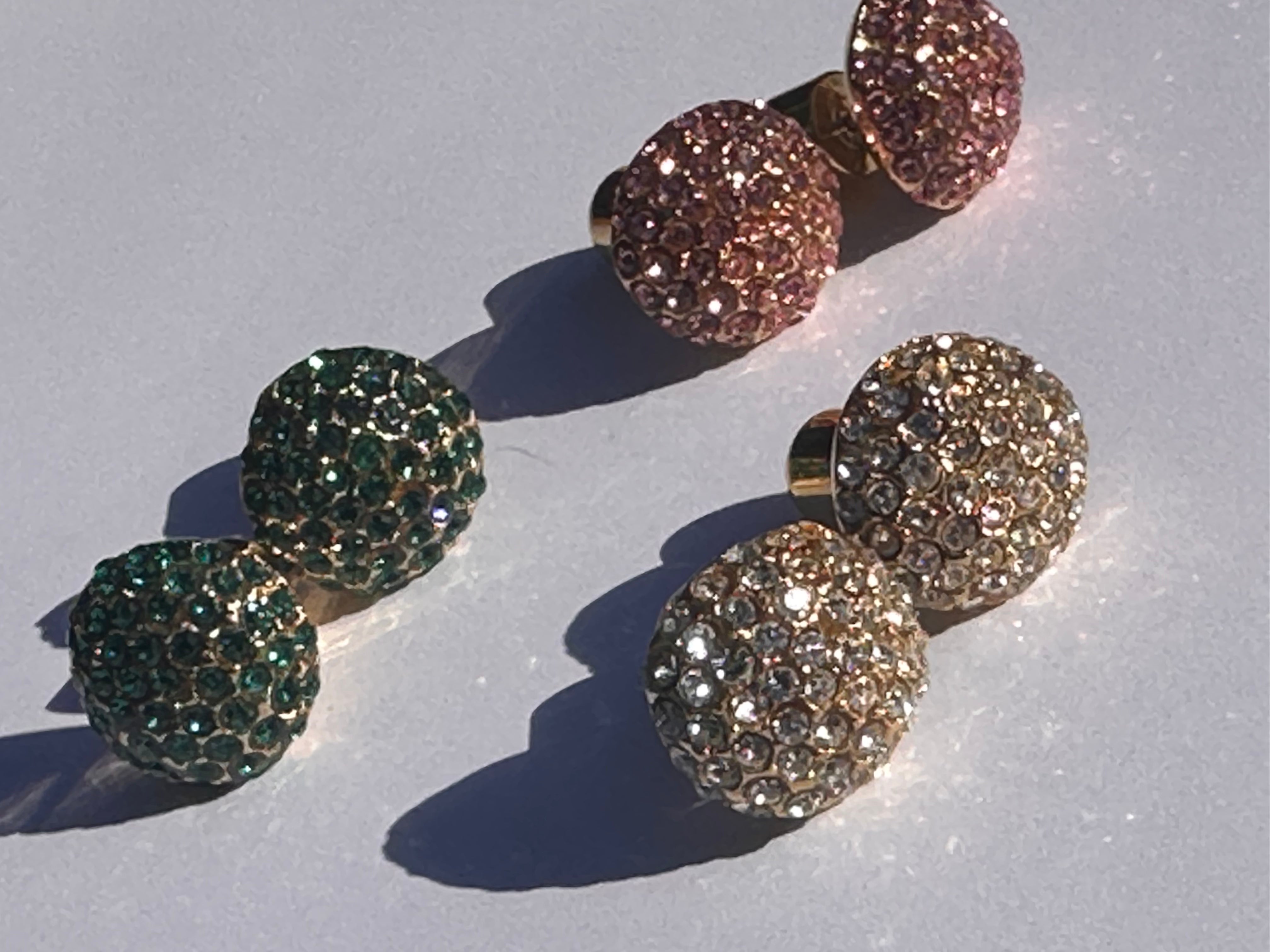 Three pairs of Pave Stud earrings with green, pink and white stones