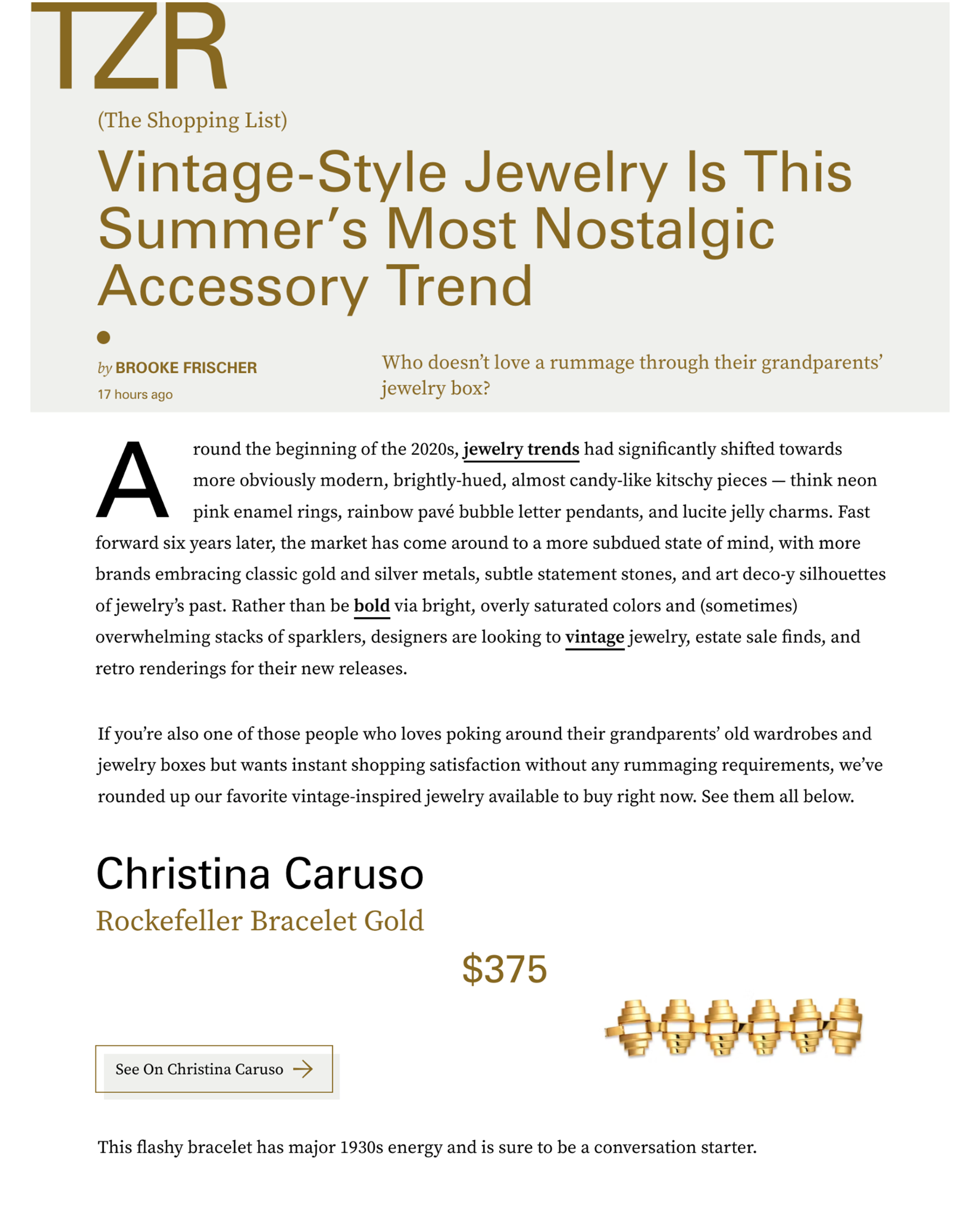 Christina Caruso Rockefeller Bracelet Gold Featured in The Zoe Report's Vintage-Inspired Jewelry Edit