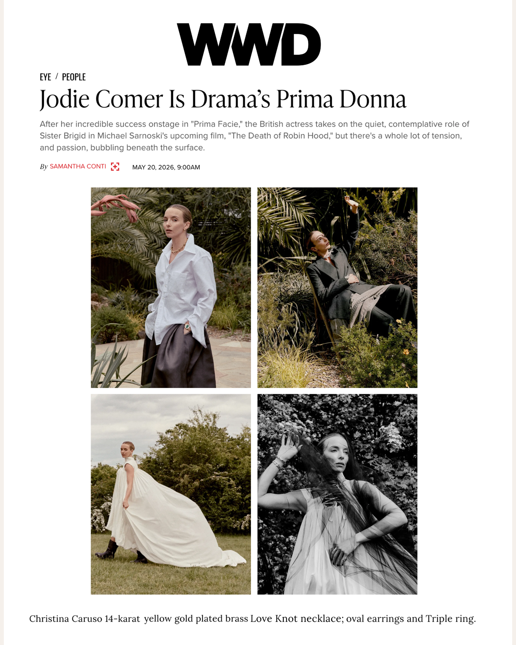 Jodie Comer shines in Christina Caruso jewelry. Her look includes the Love Knot Necklace, Triple Ring, and Small Oval Earrings.