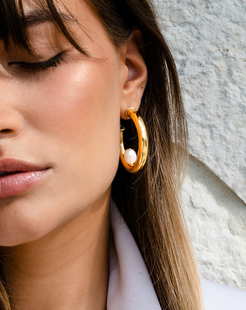 Woman wearing Medium Hoops with Semiprecious Stone